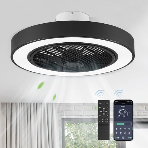 22 Inch Bladeless Enclosed LED Ceiling Fan Light with Remote - Black