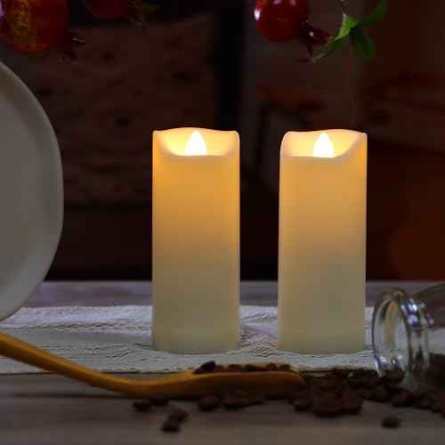 2-Pack Waterproof Outdoor Battery Operated Flameless Candles with Timer, Realistic Flickering Plastic Electric Slim LED Pillar Lights for Birthday Wedding Christmas Decor Gifts 2x5 Inches