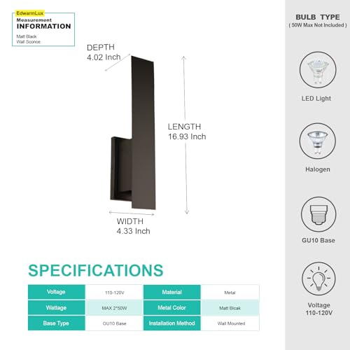 Edwarmlux 2 Pack Modern Indoor Wall Sconces, Up & Down Dimmable Black Wall Lights for Bedroom & Living Room