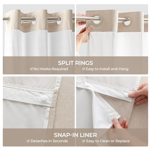 River Dream Linen Textured Shower Curtain with Liner 71x74 Inches, No Hooks, Mesh Top Window Variation