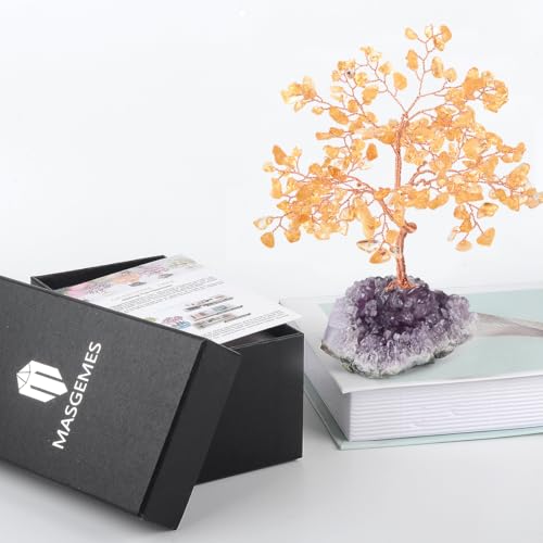 MASGEMES Citrine with Amethyst Cluster Base Crystal Bonsai Tree – 5.6-6.3 in, Feng Shui Money Tree