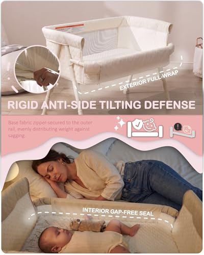 BEKA Baby Bassinet Bedside Sleeper with Retractable Side - Beige, 2-in-1 Baby Crib