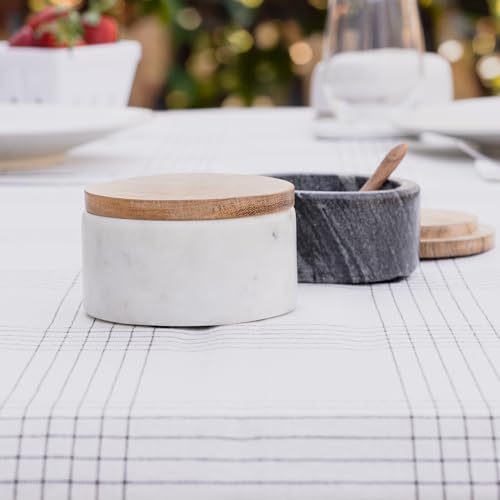 Marble Salt and Pepper Bowls Set with Wooden Lids & Spoons – Elegant Kitchen Accessories
