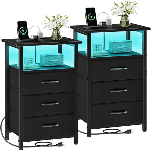 Vagusicc 2-Piece Nightstand Set with RGB LED Charging Stations, Black