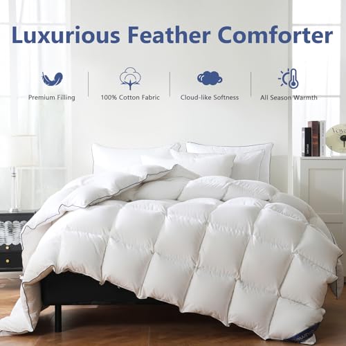 California King Feather Comforter - White 104x96 Inches Luxury Bedding