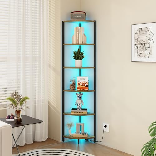 Rustic Brown 6-Tier Corner Shelf with LED Lights - 65 Inch Tall Narrow Storage Rack