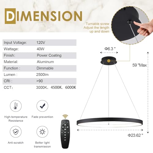 AIRYPHANT 23.6-Inch Black Inward Light Ring LED Pendant Chandelier Dimmable for Dining & Living Rooms