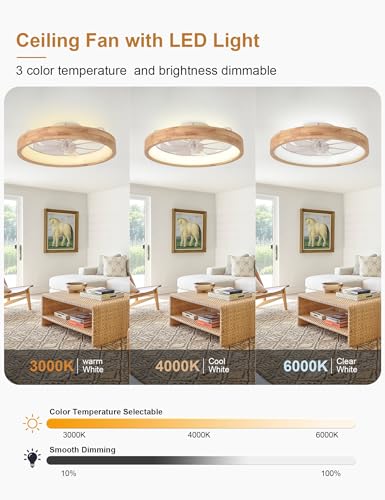 20-Inch Wooden Modern Low Profile Flush Mount Ceiling Fan with Light - Variation: Wood