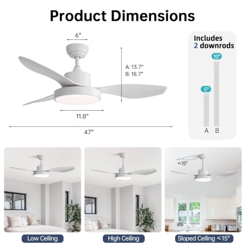 Sofucor 47 Inch White Ceiling Fan with Lights, Modern Outdoor Flush Mount, Remote, Dimmable 3 CCT, Quiet DC Motor, 6 Speeds & Timer