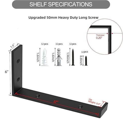 12 Inch Heavy Duty Floating Shelf Brackets Pack of 16 - Industrial Metal Iron Matte Black