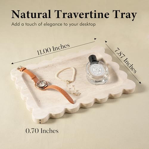 Koville Travertine Vanity Tray 11"x7.9" Beige Natural Stone Organizer for Bathroom & Kitchen