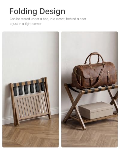 Foldable Bamboo Luggage Rack Set - Walnut Finish with Storage Shelf