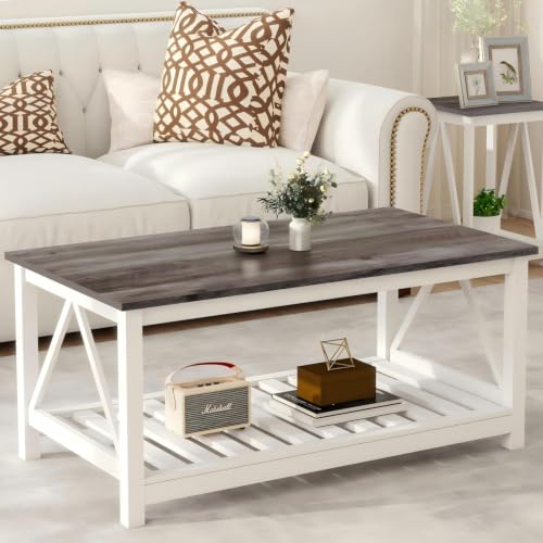 Farmhouse Coffee Table with Storage - White & Oak Grey, 39.4 inch