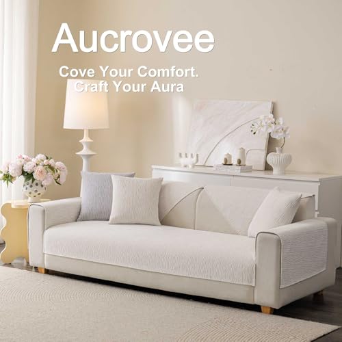 Aucrovee 1pc Waterproof Chenille Sofa Cover for 3 Cushion Sectional White 36x94 inches - Non-Slip, Washable Pet & Furniture Protector