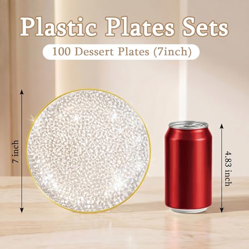 100 Pcs Clear Gold Plastic Plates - 7 Inch Small Hammered Disposable Party Plates Variation of THIS listing
