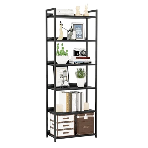 NUMENN 6 Tier Wide Freestanding Bookshelf, Black - Modern Multi-Use Shelving Unit