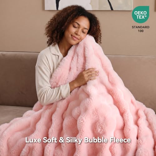 Pink Faux Rabbit Fur Throw Blanket 50x60in - Bubble Textured Couch Blanket for Home Decor