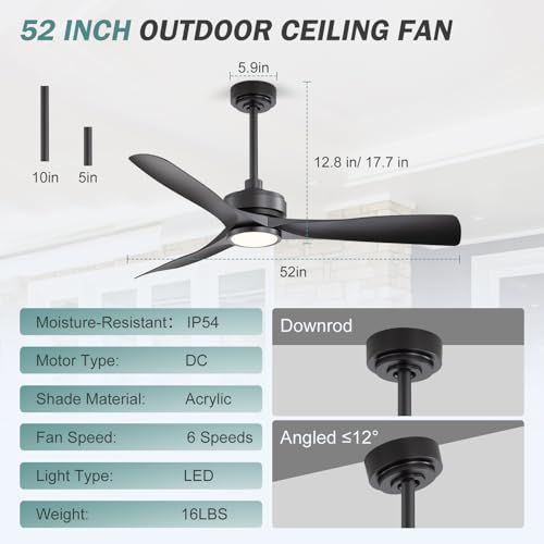52-Inch Outdoor Ceiling Fan with Light and Remote, Weatherproof Patio Fan with DC Motor