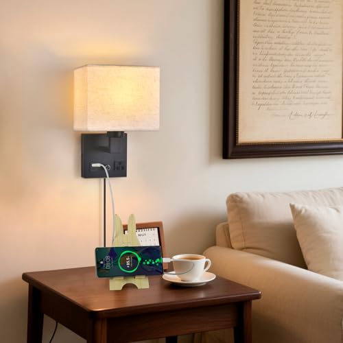 Black Wall Sconce Lamp with Fabric Shade and Dimmable Switch - Bedside Wall Light with USB & AC Outlet