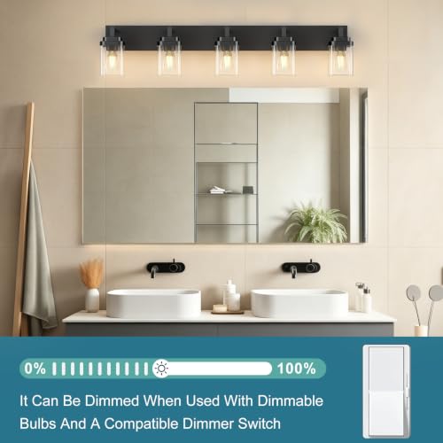 Leifod Matte Black 5-Light Bathroom Vanity Light with Clear Glass Shades - Modern Fixture, Over Mirror, 36 Inch