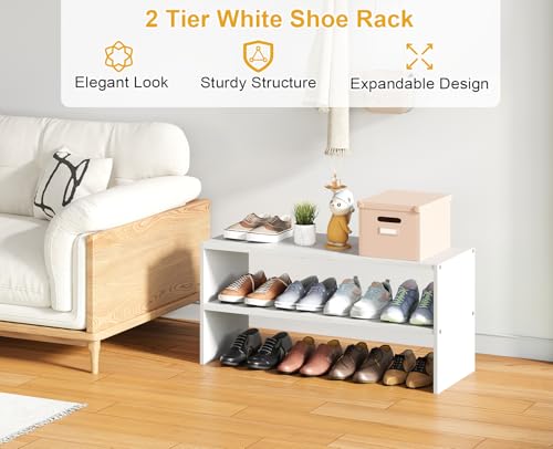 White 2-Tier Expandable Shoe Rack Organizer - 1 Pack, Sturdy Iron & Wood, Small Space Storage