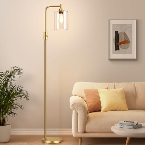 Dimmable Gold Floor Lamp with Clear Glass Shade - Modern Arc Standing Lamp for Living Room, Bedroom, Office - 900LM LED Bulb Included - Variation: Clear Glass-Gold