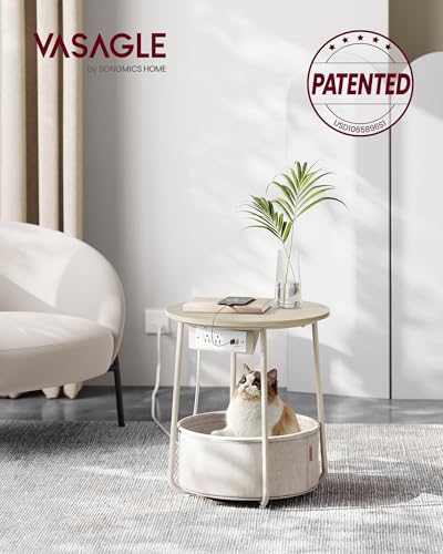 VASAGLE Cream White Round End Table with Charging Station & Fabric Basket