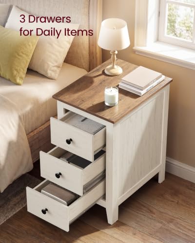Farmhouse Nightstand with 3 Storage Drawers - Cloud White + Warm Brown, 18.9"D x 14.2"W x 24.8"H