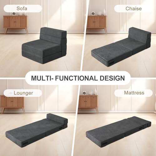 Dark Gray Folding Sofa Bed Single Size with Pillow - Convertible Floor Couch & Sleeper Chair