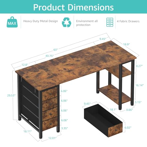 Lufeiya 63 Inch Rustic Brown Computer Desk with Storage Shelves & Fabric Drawers - Home Office Study Table