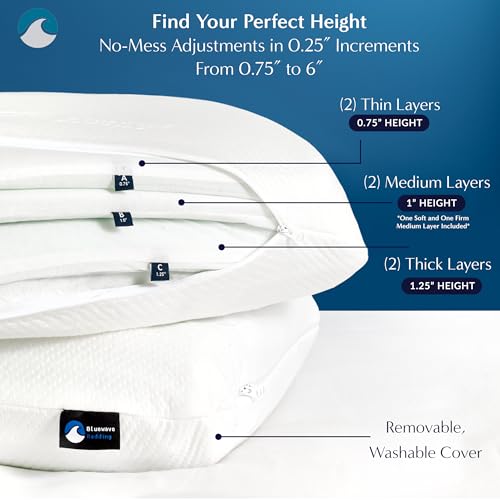 Bluewave Bedding Versalayer King Adjustable Memory Foam Pillow - 20 Heights, Firmness Options