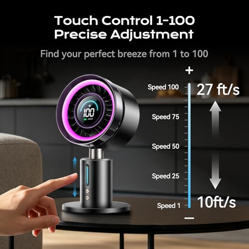 Black USB Rechargeable Desk Fan with 2-in-1 RGB Night Light, 180° Oscillation, 100 Speeds