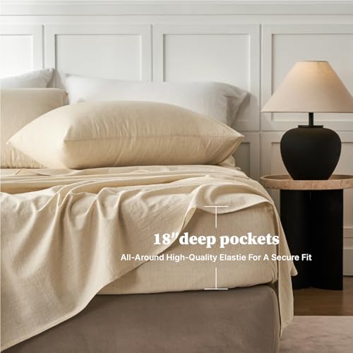 King Size Cotton Linen Bed Sheet Set with Deep Pockets - Natural Linen, 4 Piece