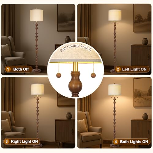 Dark Brown 65.5-Inch Real Wood Floor Lamp with Dual Pull Chain Switch