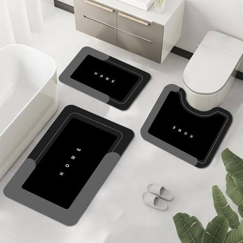 Bathroom Mat Set of 3 Non-Slip Absorbent Quick-Dry Bath Rugs - Black Home Variation