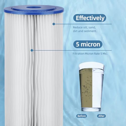 20-Inch Pleated Polypropylene Sediment Water Filter - 5 Micron, Reusable, Fits Whole House Systems