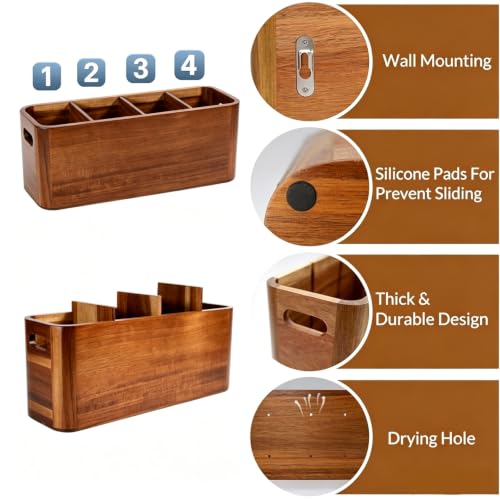 Acacia Wooden Kitchen Utensil Holder Organizer - Large 4-Compartment Rustic Countertop Storage - Extra Large