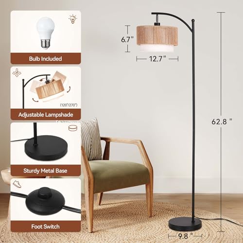 SUNMORY Arc Floor Lamp with Rattan Shade & 12W LED Bulb - Black / Rattan