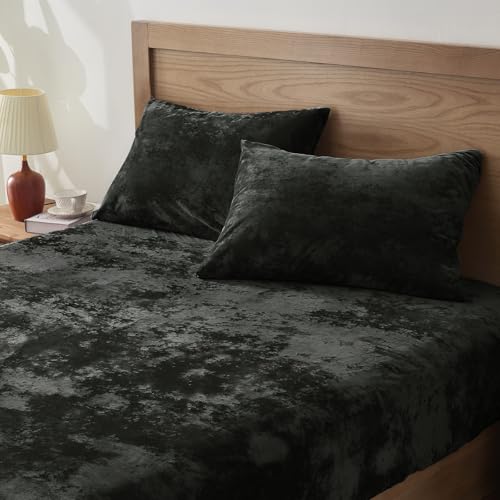 BEDELITE Velvet Fitted Sheet & Pillowcase Set Queen Black - Ultra-Soft, Luxurious Bedding