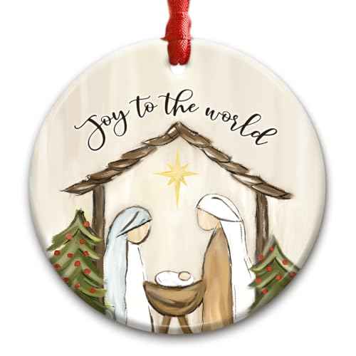 Christmas Nativity Scene Ornament - Joy to The World Xmas Decorations - Christian Ceramic Ornament for Tree, for Religious Men & Women