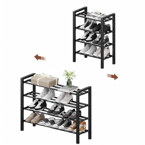 Black 4-Tier Heavy Duty Metal Expandable Shoe Rack for Closet & Doorway