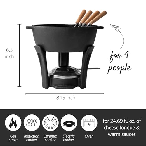 Boska Cast Iron Fondue Set Party Pro - 1.1L Cheese Fondue Pot with Burner & 4 Beechwood Forks (Variation 853554)