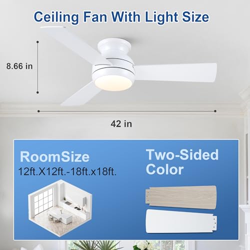 Putroad 42 Inch White Flush Mount Ceiling Fan with Light & Remote - Low Profile, Dimmable, Reversible DC Motor, 6-Speed
