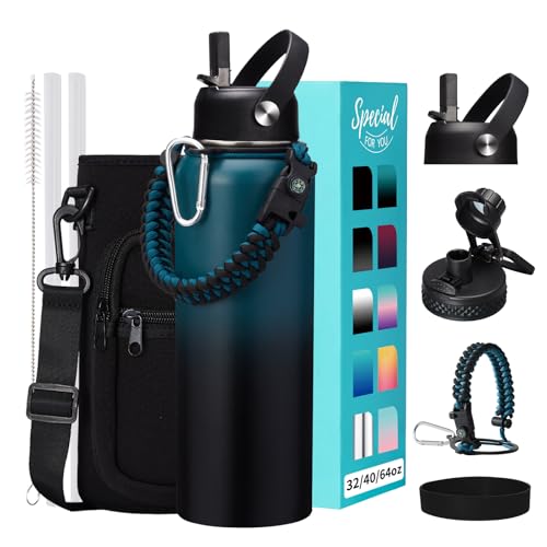 VICKNIY Indigo Black 40oz Insulated Water Bottle with Accessories – Keep Cold 48H Hot 24H, BPA-Free Stainless Steel, Paracord Handle, Carry Bag & Straw/Lid Options