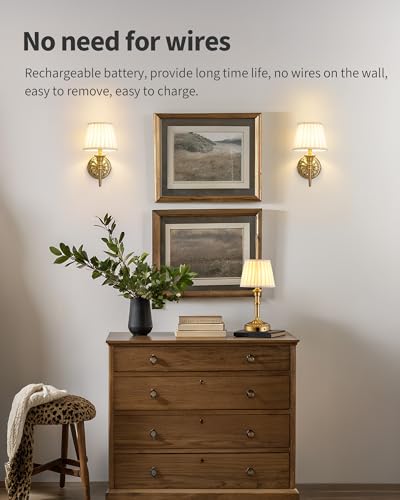 Gold & Beige Cordless Wall Sconces Set of 2 - Dimmable Fabric Lamps with Remote