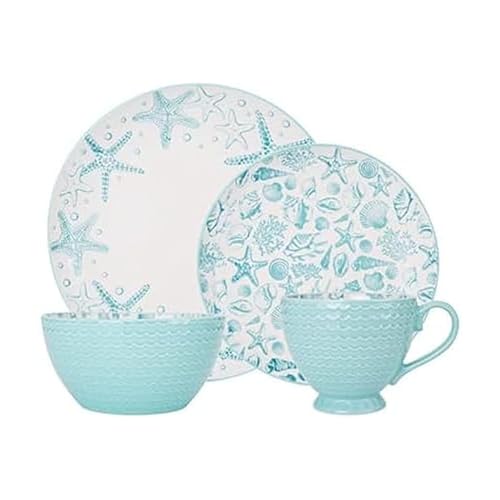 Stoneware Dinnerware Set for 4 - Aqua White Coastal Design, Microwave Safe