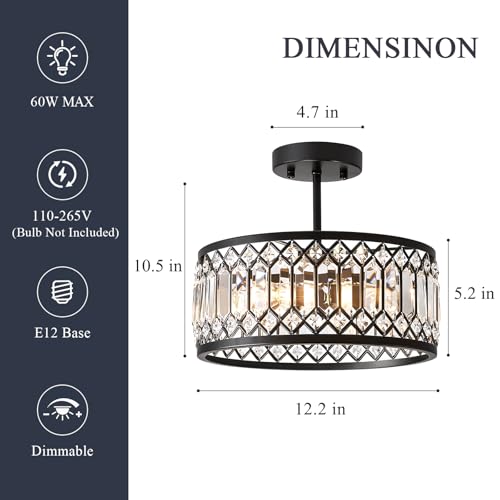 Pevfah Crystal Black Ceiling Light, 3-Light Semi Flush Light Fixture,
