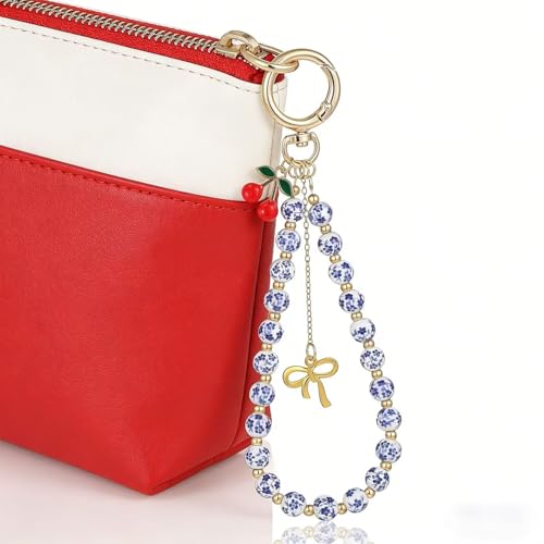 Blue Drop Style A Cherry Beaded Porcelain Keychain - Ethnic Vintage Wristlet & Bag Pendant