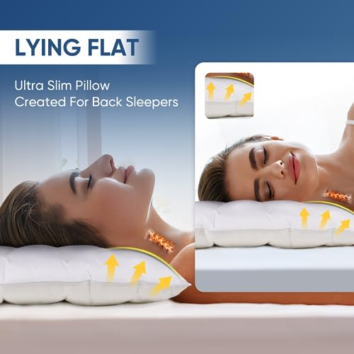 MINUPWELL Cotton White 2 Pack Ultra Flat Support Pillows 18x26 Inches for Stomach Sleepers