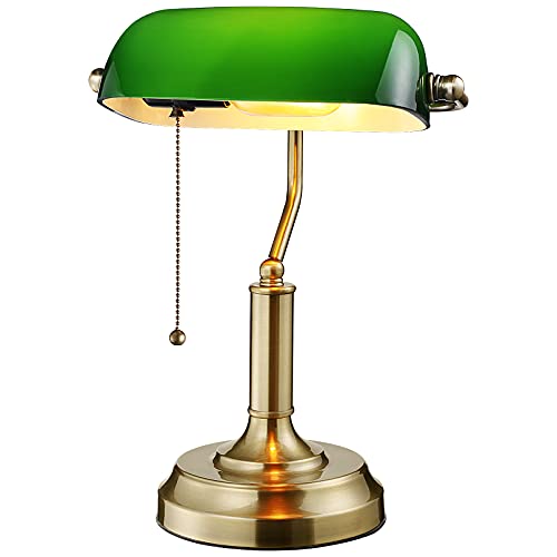 Green Glass Bankers Desk Lamp with Pull Chain - Retro E26 Table Light